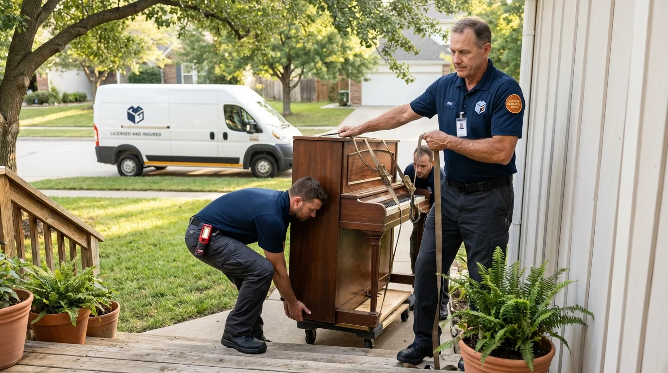 Licensed piano movers securing grand piano in Morgan, GA