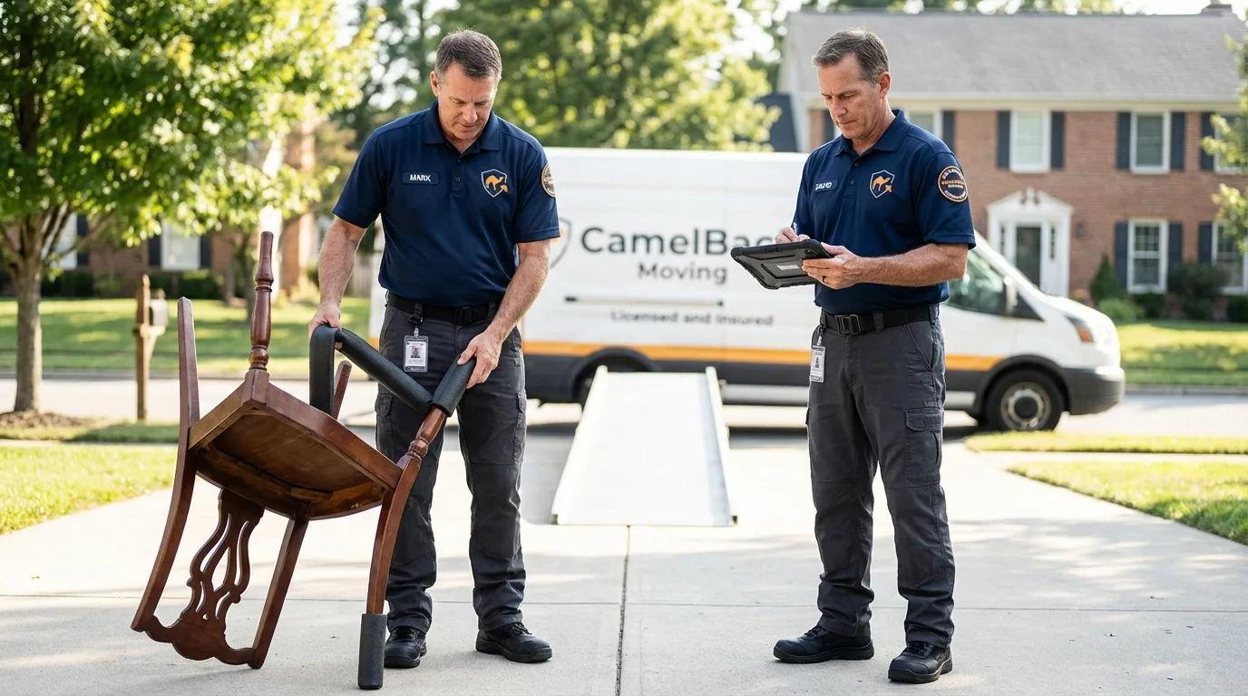 Movers inspecting furniture for damage prevention before loading in Morgan, GA