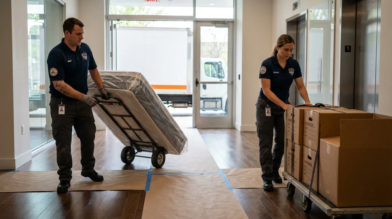 Professional apartment movers loading elevator in Morgan, GA